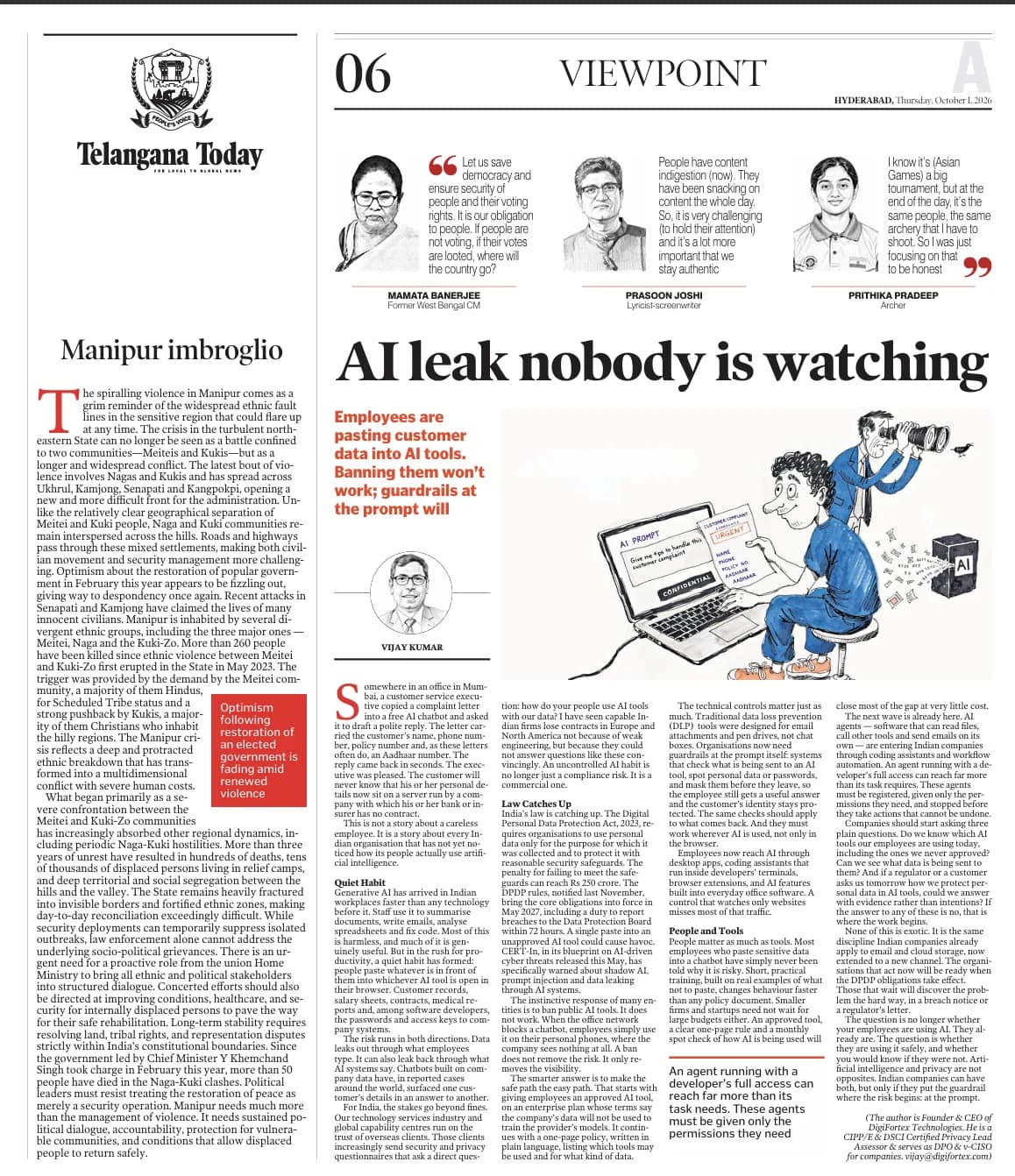 Telangana Today Viewpoint page carrying the article "AI leak nobody is watching" by Vijay Kumar