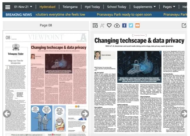 Telangana Today e-paper page 8 with the article "Changing techscape & data privacy" by Vijay Kumar