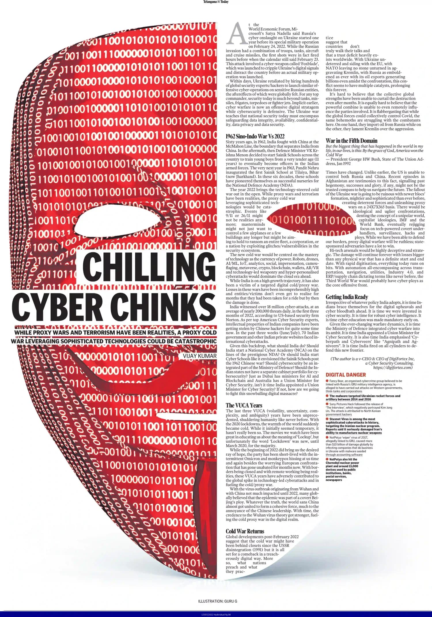 Printed feature page titled "Chilling Cyber Chinks", illustrated with a mask made of binary digits