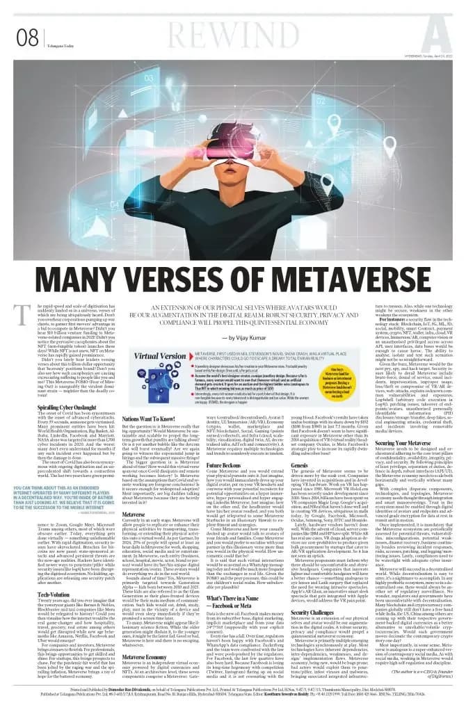 Newspaper page headed "Rewind" with the feature "Many verses of Metaverse"