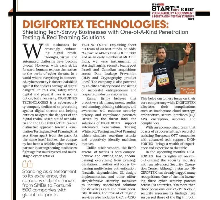 Silicon India Startup City magazine page profiling DigiFortex Technologies, with a photo of founder Vijay Kumar