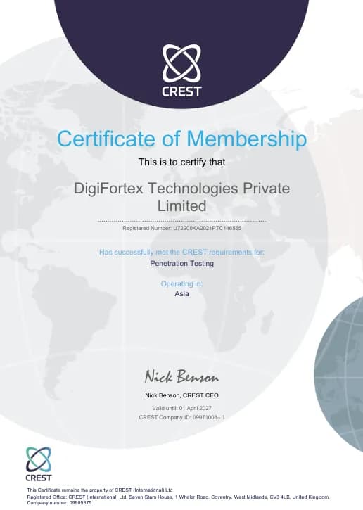 CREST Certificate of Membership certifying that DigiFortex Technologies Private Limited has met the CREST requirements for penetration testing, operating in Asia