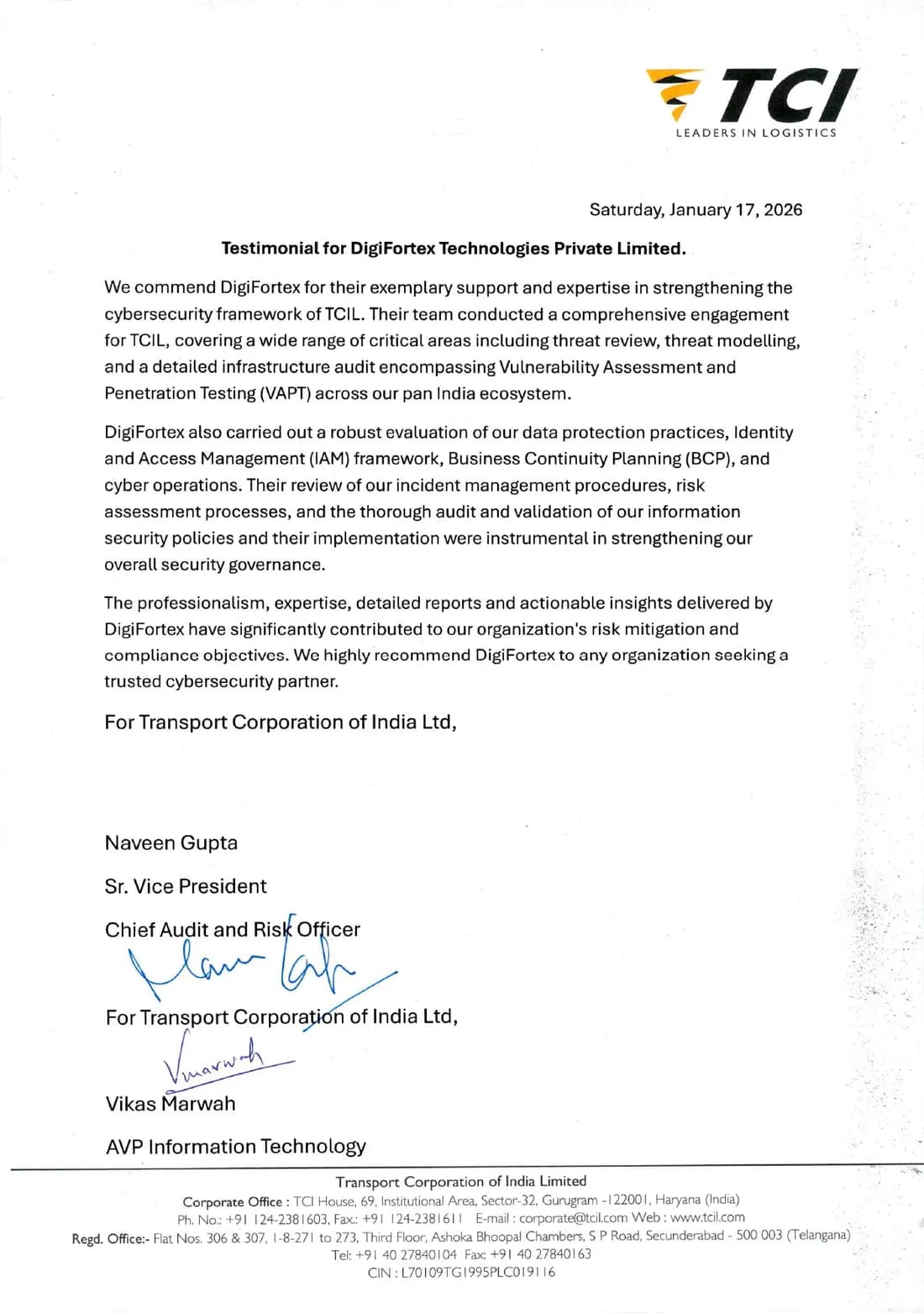 Signed letter on Transport Corporation of India letterhead commending DigiFortex for strengthening its cybersecurity framework